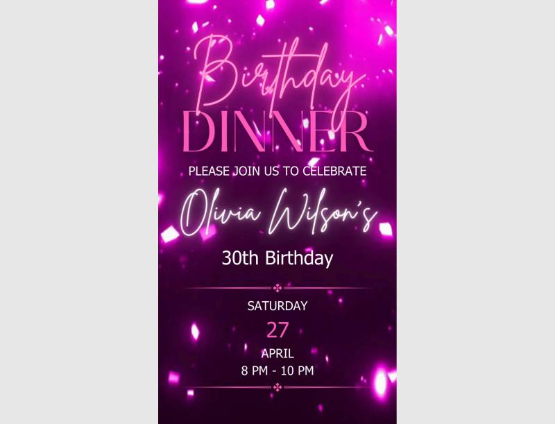 Elevate Your Celebration with Our Exclusive Neon Purple Digital Birthday Dinner Invitation